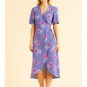 Vintage 80s Sheer Floral Wrap Dress Womens 12 Cottage Roses Purple Blue Fairy